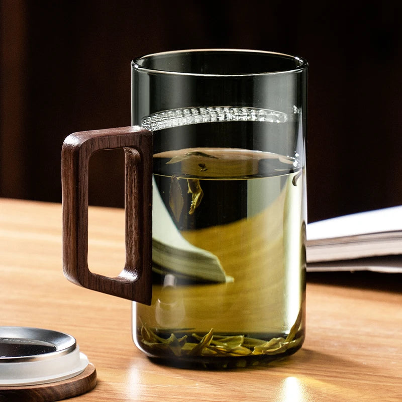 Glass Coffee Mug with Wooden Lid (500ml)