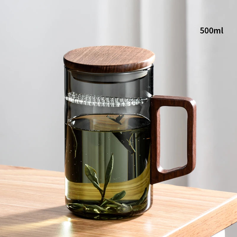 Glass Coffee Mug with Wooden Lid (500ml)