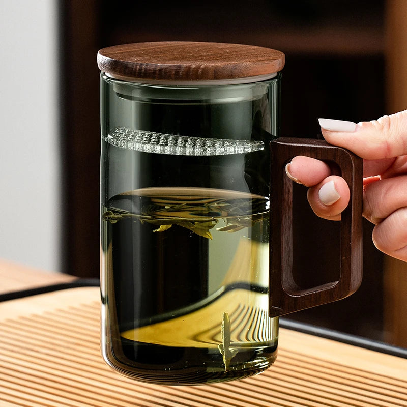 Glass Coffee Mug with Wooden Lid (500ml)