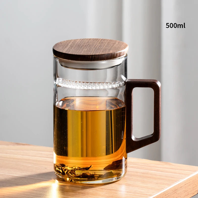 Glass Coffee Mug with Wooden Lid (500ml)