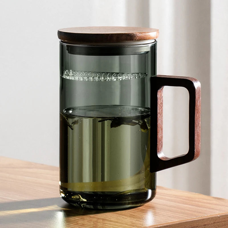 Glass Coffee Mug with Wooden Lid (500ml)