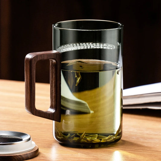 Glass Coffee Mug with Wooden Lid (500ml)