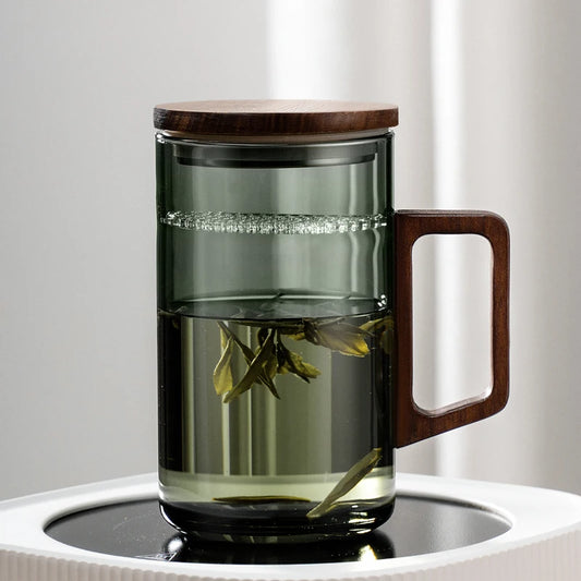 Glass Coffee Mug with Wooden Lid (500ml)