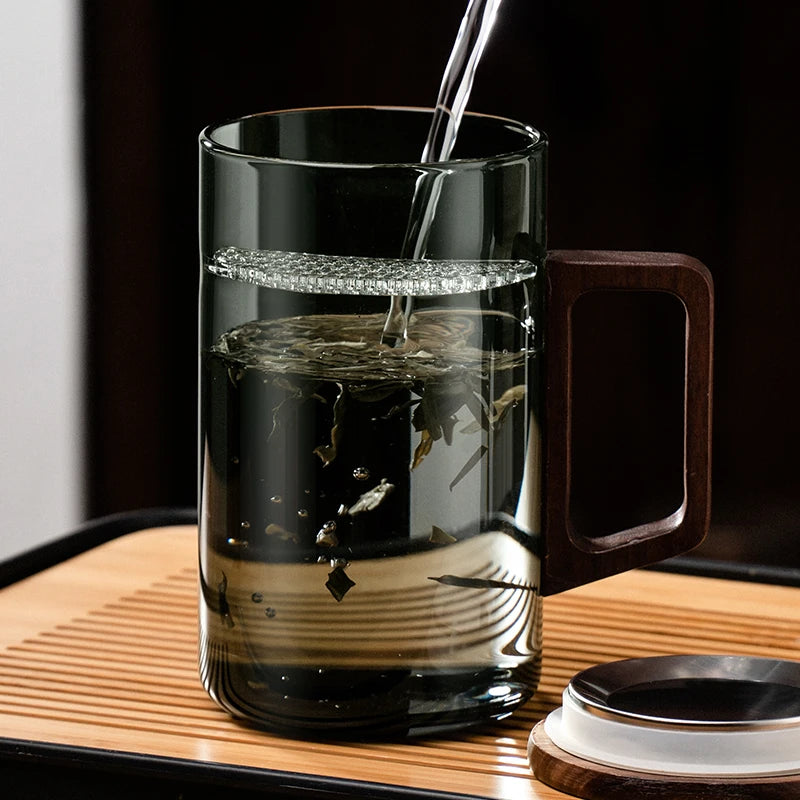 Glass Coffee Mug with Wooden Lid (500ml)